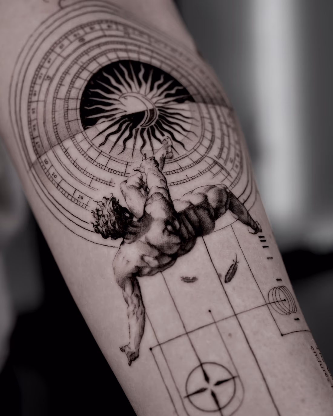 A falling classical figure through circular celestial fields with sun and moon contrast and thin coordinate lines